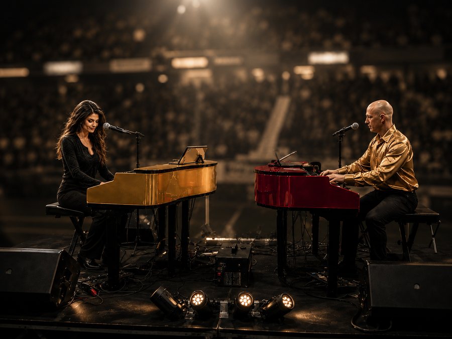 Tonya Scott and a second player at yellow and red dueling pianos in a packed arena
